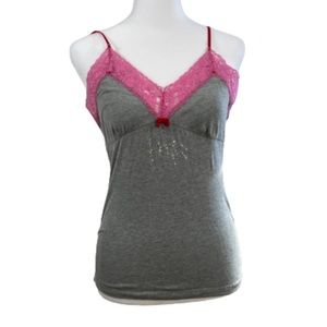 Pink Victoria’s Secret - Tank Top Cami Grey with Pink Lace Small Red Bow